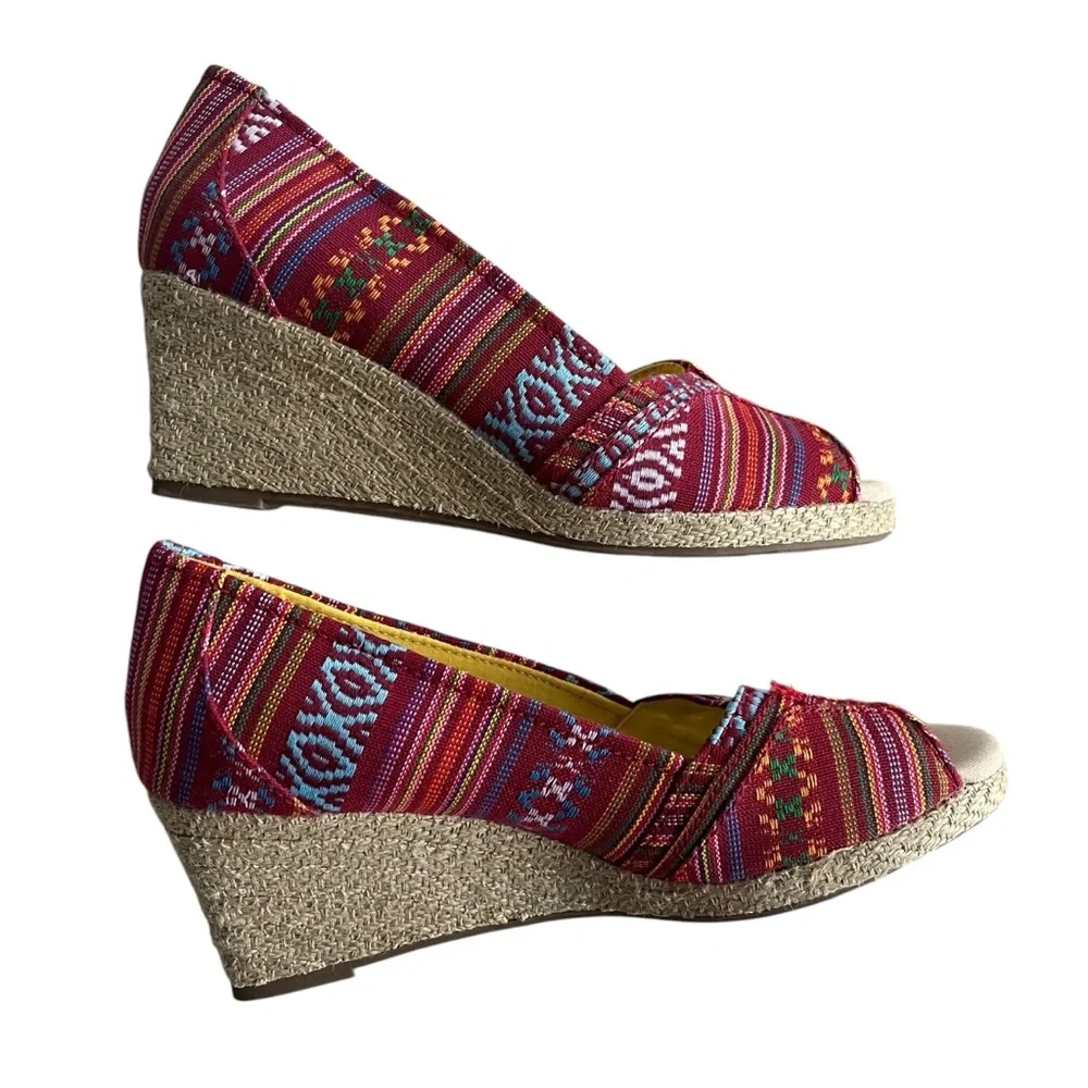 Sonoma Life Style Womens 8.5 M Jenne Red Stripe Aztec Peep Toe Espadrille Wedges